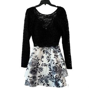 CITY VIBE Long-Sleeve Lace Up Back Top With Floral Layered Skirt 2-Piece Dress